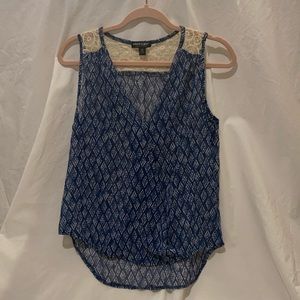 About A Girl Blue, White Patterned Lace Tank Top